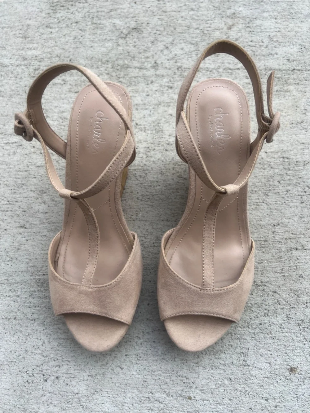 Charles by Charles David Latin Cork Wedge T-Strap Sandal in Nude Suede - With Bo